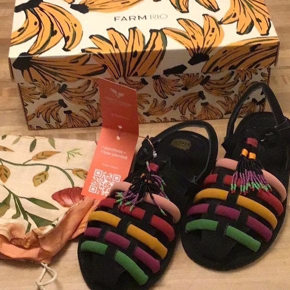 Farm Rio Beaded Rainbow Tube Strap Tassel Sandals with tropical print dust bag … - Picture 3 of 9